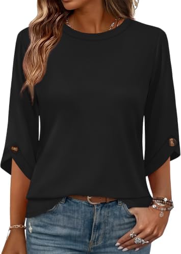 Women's Tops 3/4 Length Sleeve Blouses Summer Fall Fashion in A-black