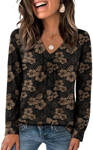 Women's Tops Boho Long Sleeve Shirts Western V Neck Fall Outfits in 11-black Floral
