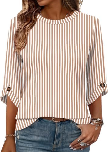 Women's Tops Casual 3/4 Length Sleeve Blouses Fall Beige Stripe