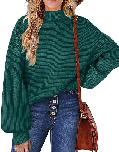 Women's Turtleneck Sweater Chunky Knit Lantern Sleeve Holiday