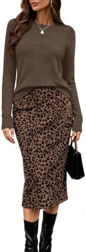 Women's Two Piece Outfits Midi Skirt Set Fall Loungewear in Brown Leopard