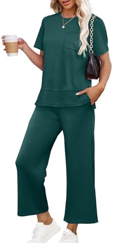 Women Two Piece Lounge Set Casual Summer 2 PC Airport Outfit in Dark Green