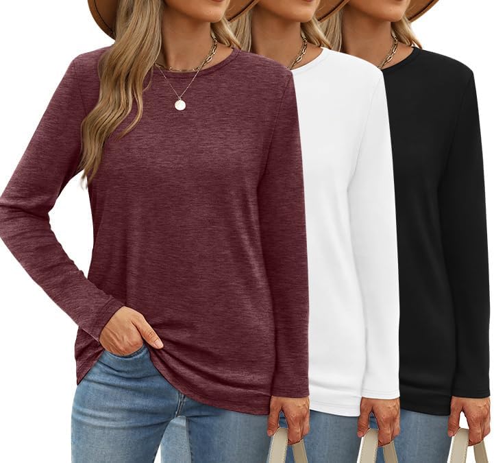 Womens 3 Packs Long Sleeve Shirts for Women Crew Neck Fall