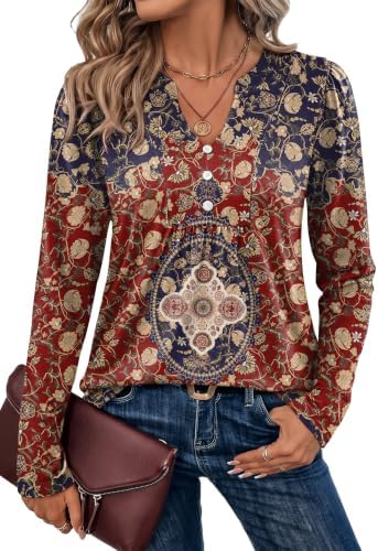 Womens Blouses Dressy Casual Boho Tops V Neck Long Sleeve Tops in Red Print