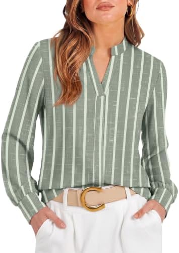 Womens Blouses Dressy Casual Long Sleeve Shirts Fashion in Green Gray Striped