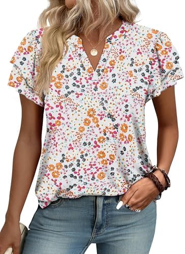 Womens Blouses Dressy Casual V Neck Short Sleeve Tops Floral in Flower Print