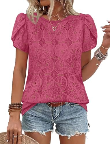 Womens Blouses Lace Crochet Tops Embroidered Short Sleeve in Hot Pink