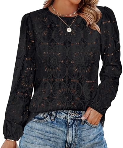 Womens Blouses Long Sleeve Tops Dressy Casual Shirts Lace in Black