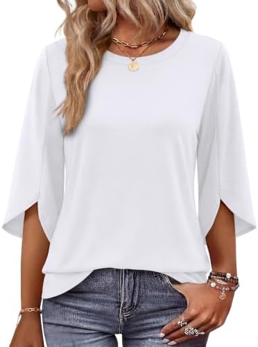 Womens Blouses Plus Size Fall Outfits 3/4 Length Sleeve Tops in White