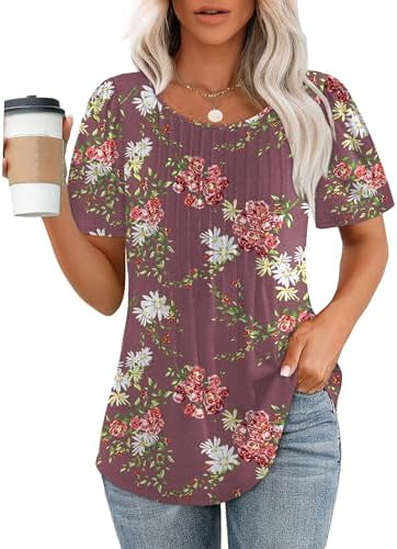 Womens Blouses Short Sleeve Summer Tops Dressy Casual Pleating in 2-floral Mauve