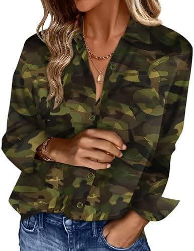 Womens Button Down Camo Shirts Blouses Business Casual Fashion
