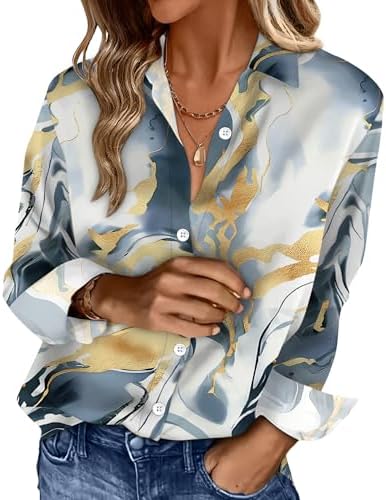 Womens Button Down Shirts Blouses Business Casual Fashion in Print 15