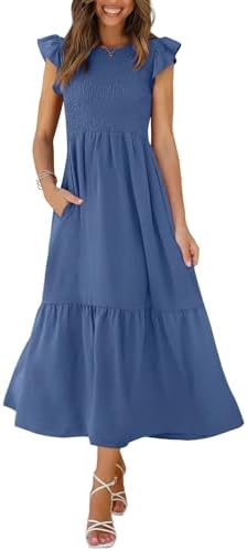 Womens Casual Dresses Summer Maxi Dresses Smocked Dress Women in 07- Dusty Blue