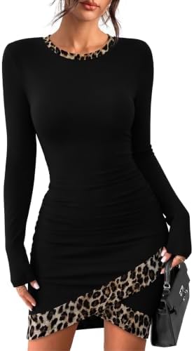 Womens Crew Neck Long Sleeve Bodycon Mini Dress Black Leopard S in Black Leopard
