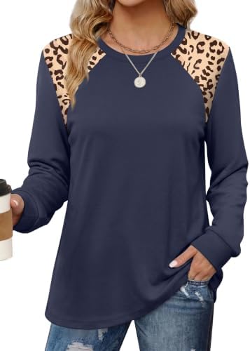 Womens Crewneck Sweatshirt Long Sleeve Tops Royal Blue Leopard L