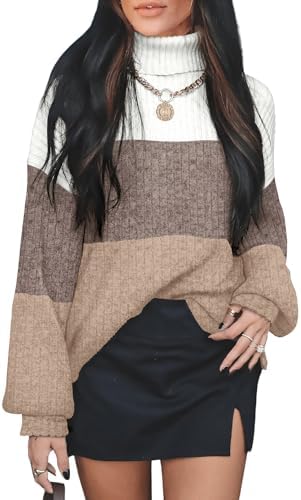 Womens Fall Fashion 2026 Long Sleeve Turtlenecks Tops Plus Size in Tri-white/Brown/Khaki