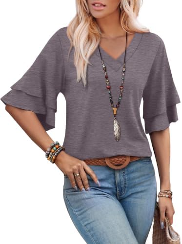 Womens Fall Outfits Long Sleeve Shirts Fashion Clothing Boho in Mocha Grey Purple