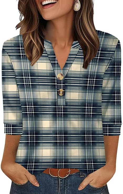Womens Fall Tops 3/4 Length Sleeve Tunic Shirts for Women Loose in Beige Checks