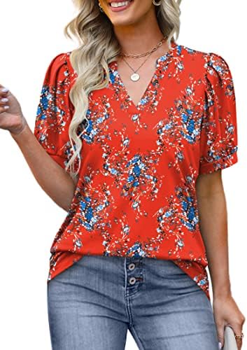 Womens Floral Printed Tops Summer V Neck Short Puffy Sleeve