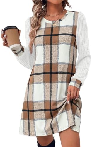 Womens Long Sleeve Dresses 2026 Sweater Dress Casual Fall in Brown Grid