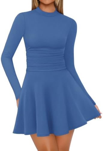 Womens Long Sleeve Mock Neck Dress Fall Winter Mini Corset in Blue