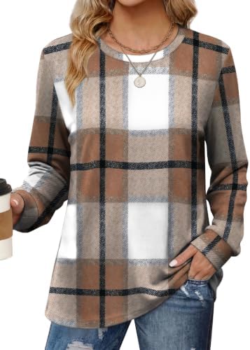 Womens Long Sleeve Tops Checkered Sweatshirt Brown Plaid L