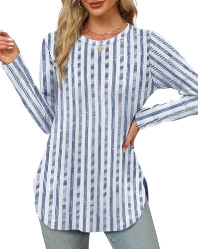 Womens Long Sleeve Tops Dressy Casual Crewneck Tunic Tops in G-blue Stripe