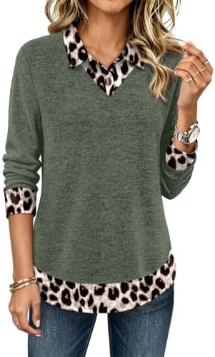 Womens Long Sleeve Tops Fall Outfits Polo Shirts Christmas in Green Leopard