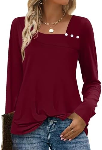 Womens Long Sleeve Tops Square Neck Fall Tops for Women 2026 in Red