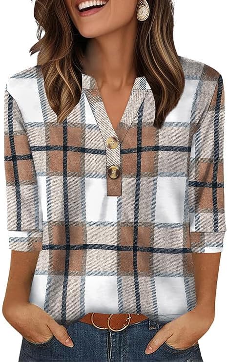 Womens Long Sleeve Tops Trendy Teacher Outfits 3/4 Length in Brown Checks
