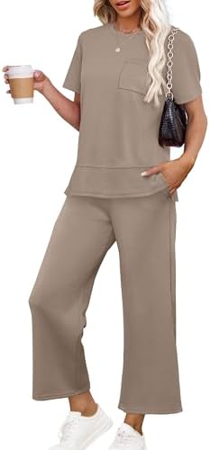 Womens Lounge Set Casual Summer Two Piece Travel Outfits Spring in A Khaki