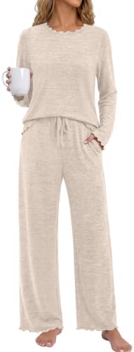 Womens Lounge Set Fall Pajamas Pj Sets for Woman Wide Leg Pants in Begie