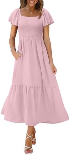 Womens Maxi Dress Flutter Sleeve Smocked Modest Dress Baby