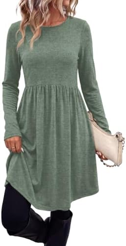 Womens Pleated Fall Dresses Crew Neck Casual Long Sleeve