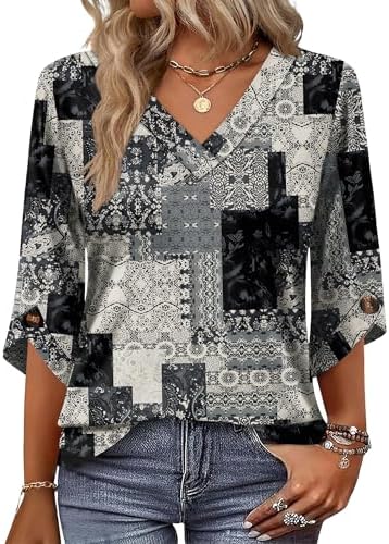 Womens Plus Size Tops 3/4 Length Sleeve Womens Boho Tops