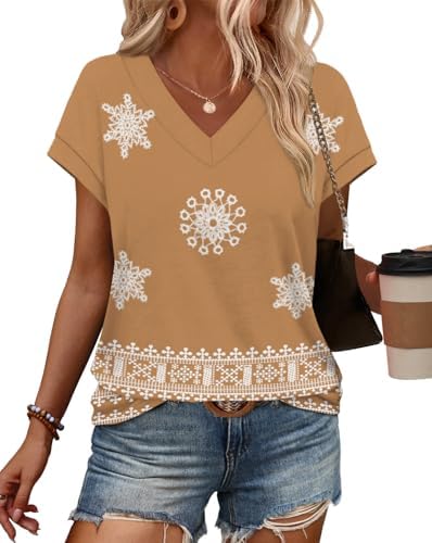 Womens Shirts Dressy Casual Cap Sleeve Summer Outfits Versatile in Brown Print