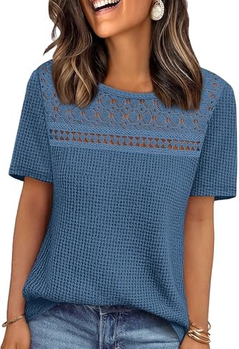 Womens Shirts Dressy Casual Short Sleeve Tops Crochet Lace in Blue