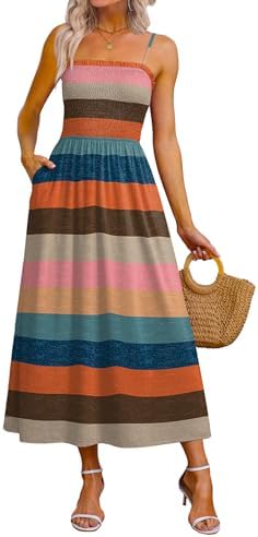 Womens Spaghetti Strap Maxi Dresses 2026 Fashion Clothing in Colorful Striped