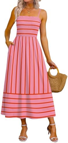 Womens Spaghetti Strap Maxi Dresses 2026 Fashion Clothing in Red Striped