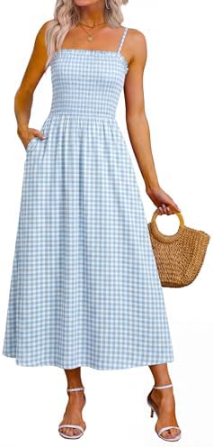 Womens Spaghetti Strap Maxi Dresses 2026 Fashion Clothing in Blue Gingham