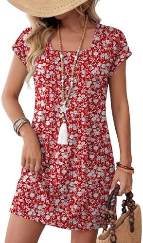 Womens Summer Dresses 2026 Loose Square Neck Cap Sleeve T Shirt in F-red Floral