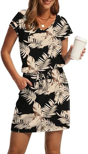 Womens Summer Dresses Beach Vacation Clothes Cruise Vacation in Black Beige Tropical Leaves