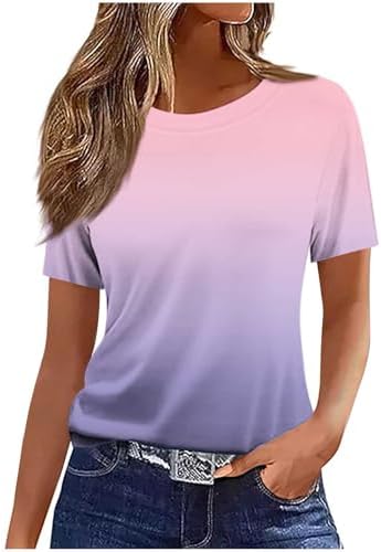 Womens Summer Short Sleeve Tops Tie Dye Ombre Color Tee Shirts