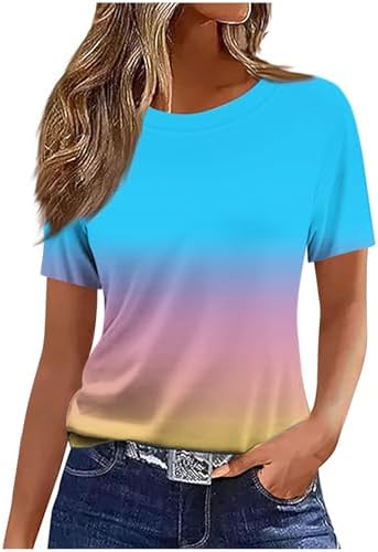 Womens Summer Short Sleeve Tops Tie Dye Ombre Color Tee Shirts in 01 Blue