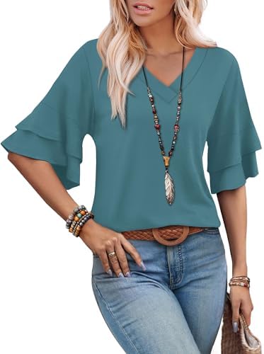 Womens Summer Tops 3/4 Length Sleeve Women's Clothing Casual in Teal