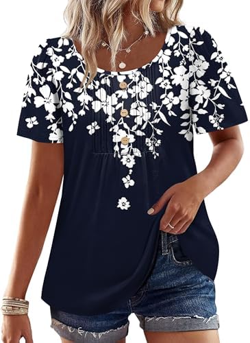 Womens Summer Tops Business Travel Outfits Short Sleeve Shirts in Y-floral Navy