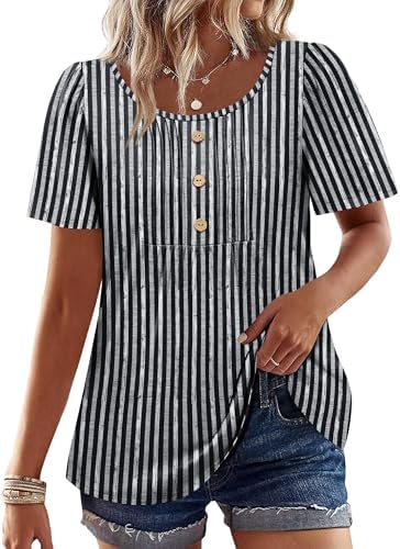 Womens Summer Tops Business Travel Outfits Short Sleeve Shirts in Z-black Grey Stripes