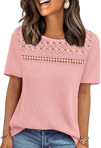 Womens Summer Tops Dressy Casual Blouses Short Sleeve Shirts in Light Pink
