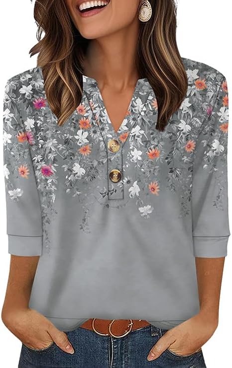Womens Summer Tops Fashion Clothing Button V Neck 3/4 Length in Z-floral Grey