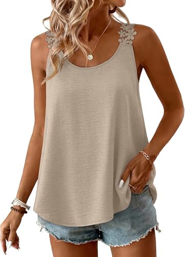 Womens Summer Tops Trendy Plus Size Tank Tops Flowy Round Neck in Light Apricot